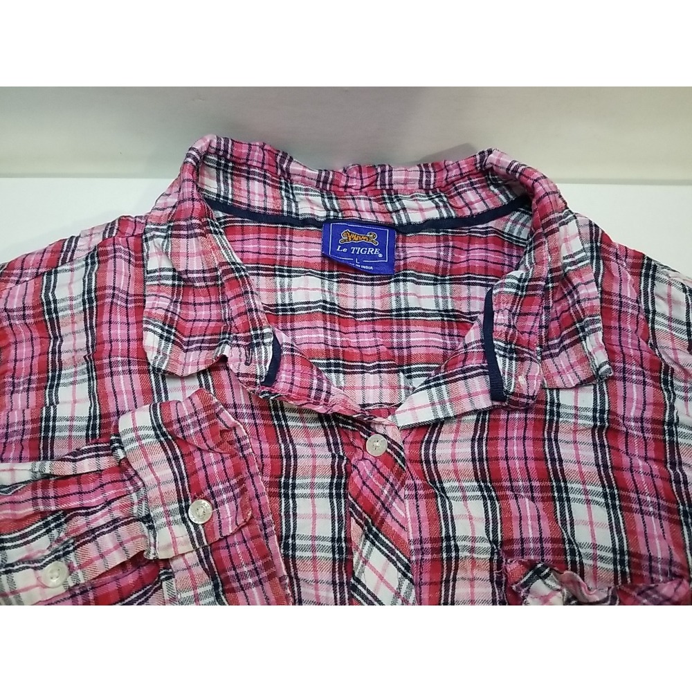 Le Tigre Womens Large Plaid Flannel Long Sleeve Button Up Shirt Pink Distressed
